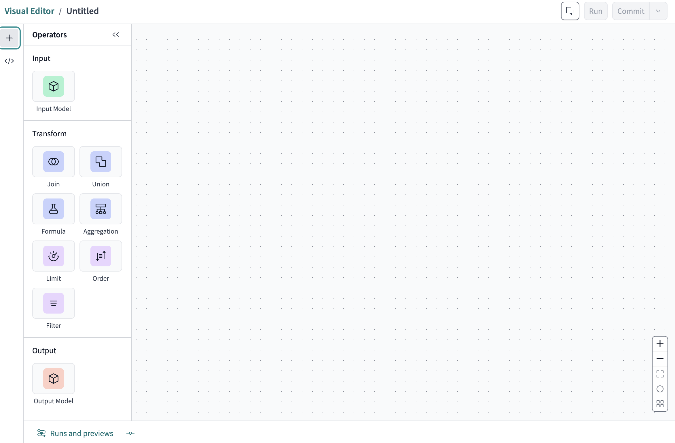 The operator toolbar allows you to select different nodes to configure or perform specific tasks, like adding filters or joining models. The operator toolbar allows you to select different nodes to configure or perform specific tasks, like adding filters or joining models.